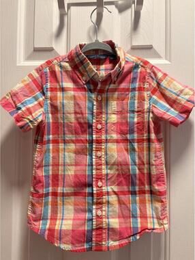 Janie and Jack Pink Red Madras Plaid Short Sleeve Button Down Shirt Boys 4T